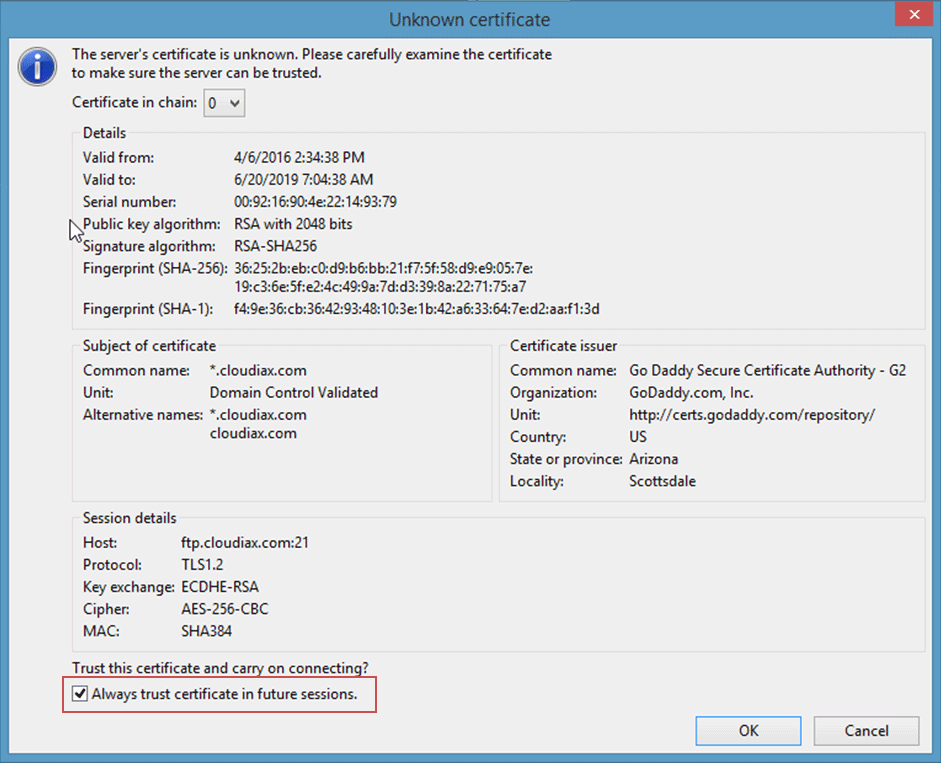 Cloudiax certificate FTP