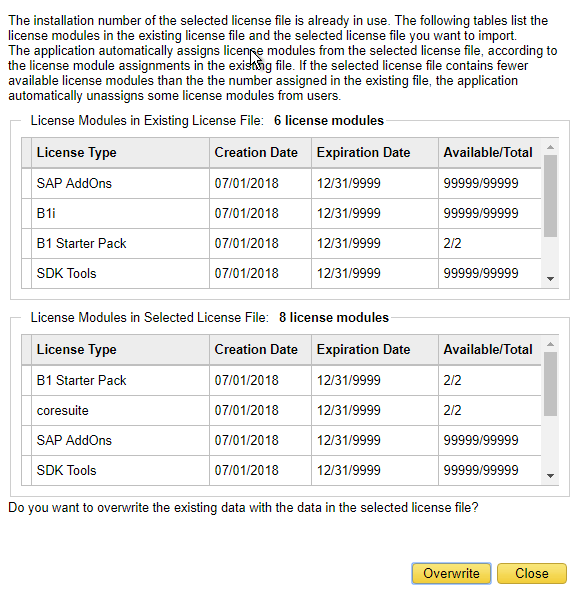 Overwrite SAP License